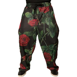 Black Floral Polyester Jogger Sweatpants Pants