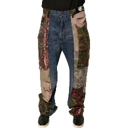 Blue Patchwork Cotton Straight Denim Jeans