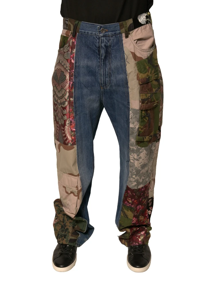 Blue Patchwork Cotton Straight Denim Jeans