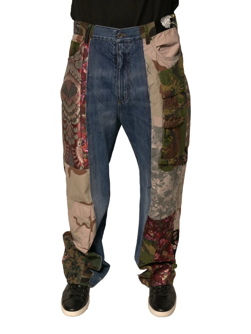 Blue Patchwork Cotton Straight Denim Jeans