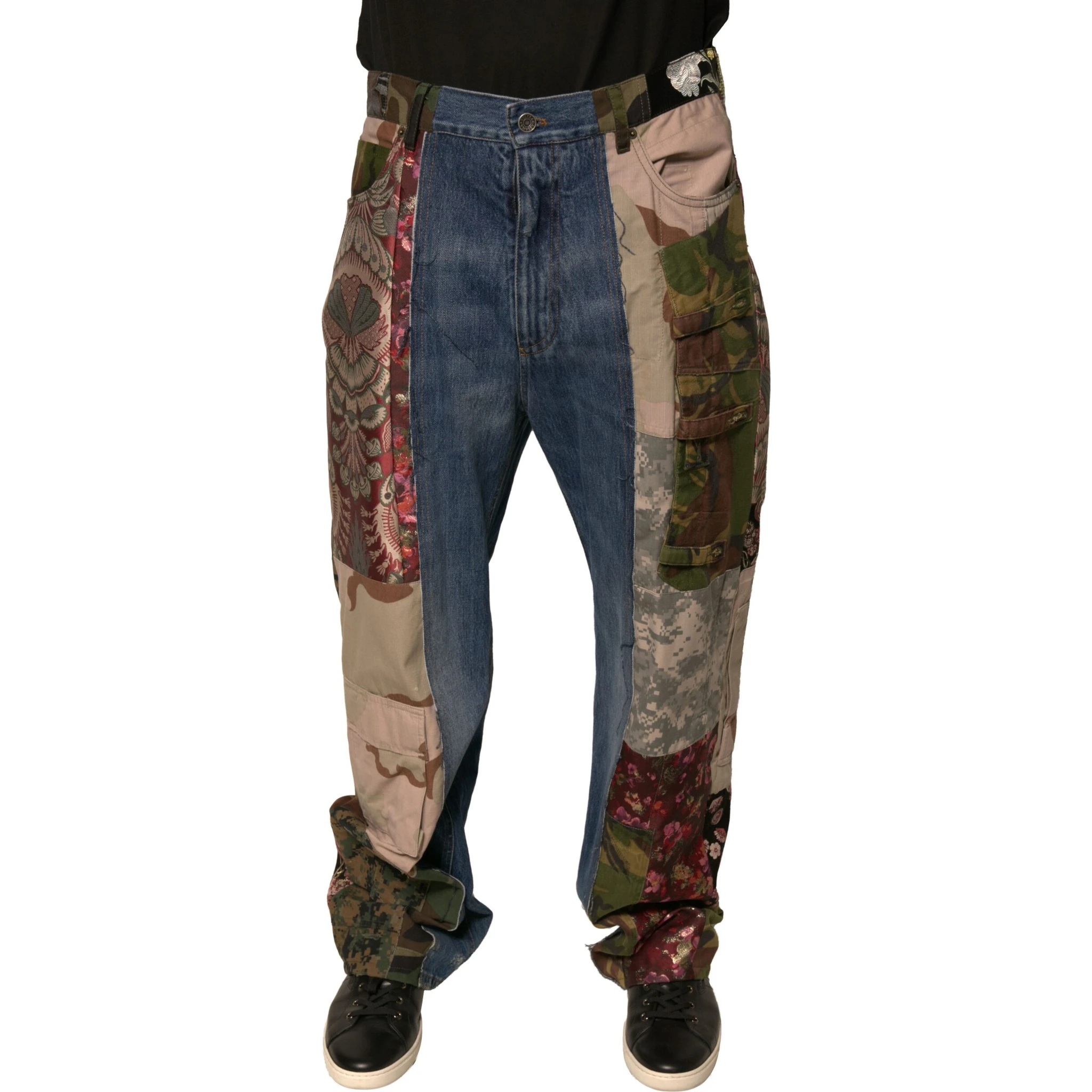 Blue Patchwork Cotton Straight Denim Jeans