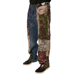 Blue Patchwork Cotton Straight Denim Jeans