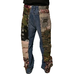 Blue Patchwork Cotton Straight Denim Jeans