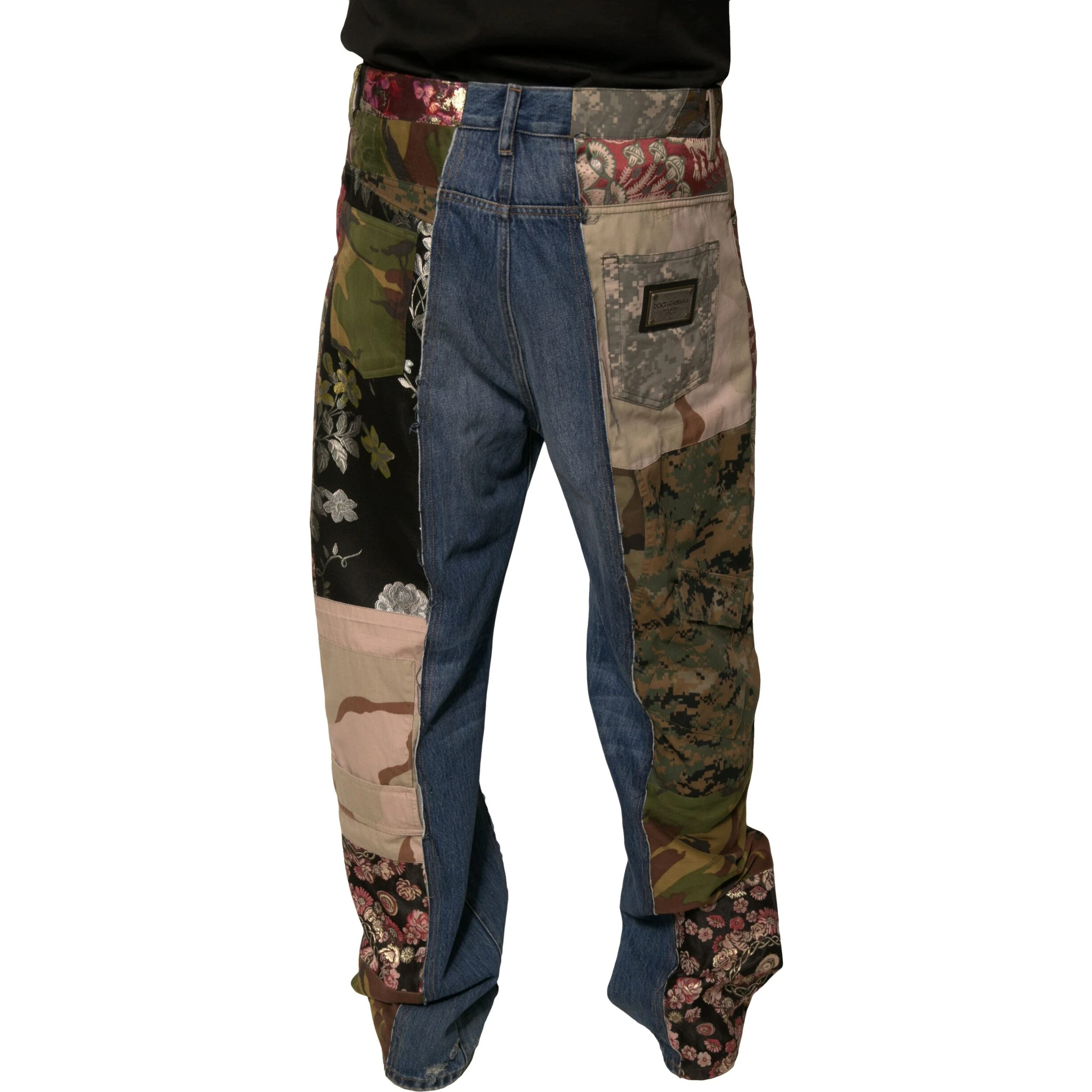 Blue Patchwork Cotton Straight Denim Jeans