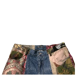 Blue Patchwork Cotton Straight Denim Jeans