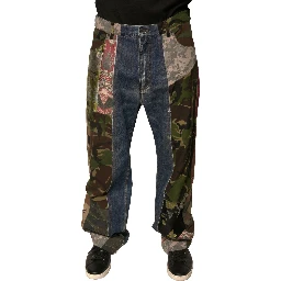 Blue Patchwork Cotton Straight Denim Jeans
