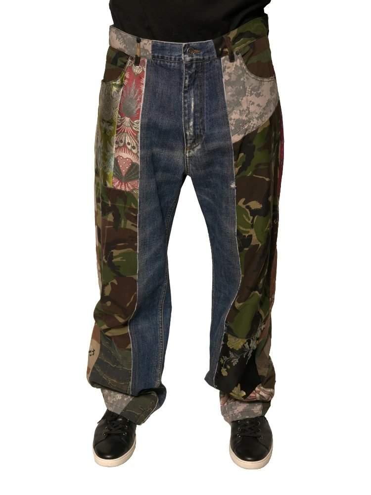 Blue Patchwork Cotton Straight Denim Jeans