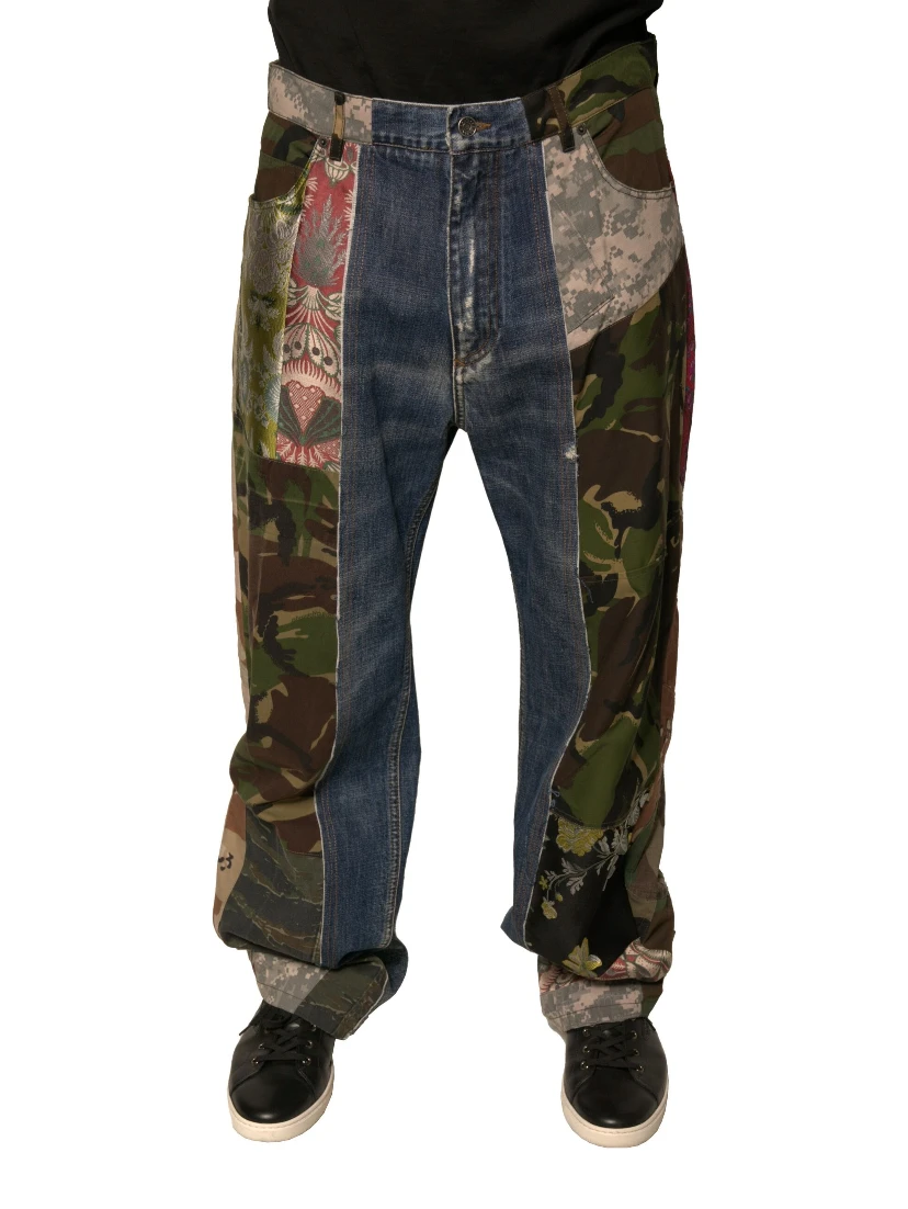 Blue Patchwork Cotton Straight Denim Jeans