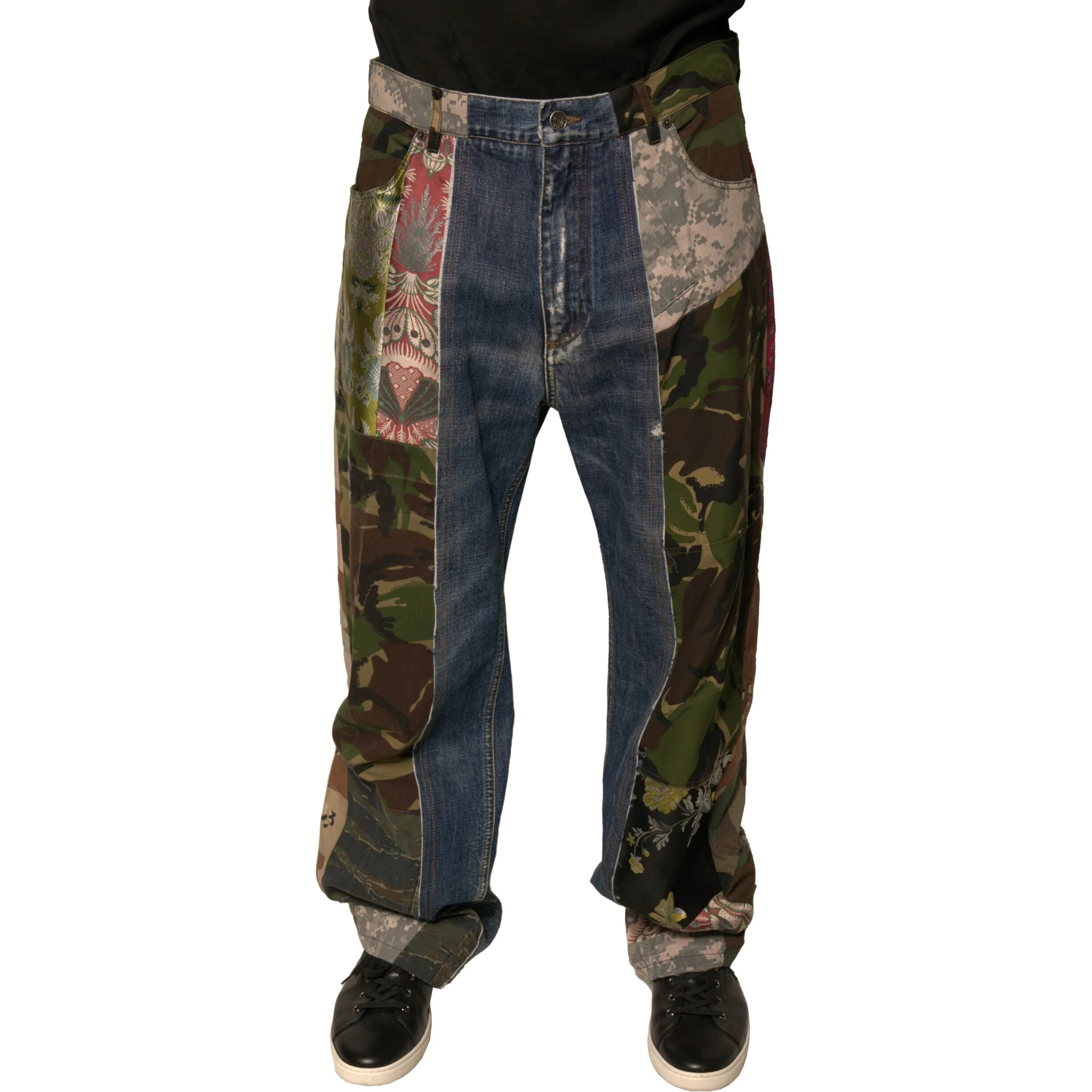 Blue Patchwork Cotton Straight Denim Jeans