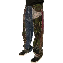 Blue Patchwork Cotton Straight Denim Jeans