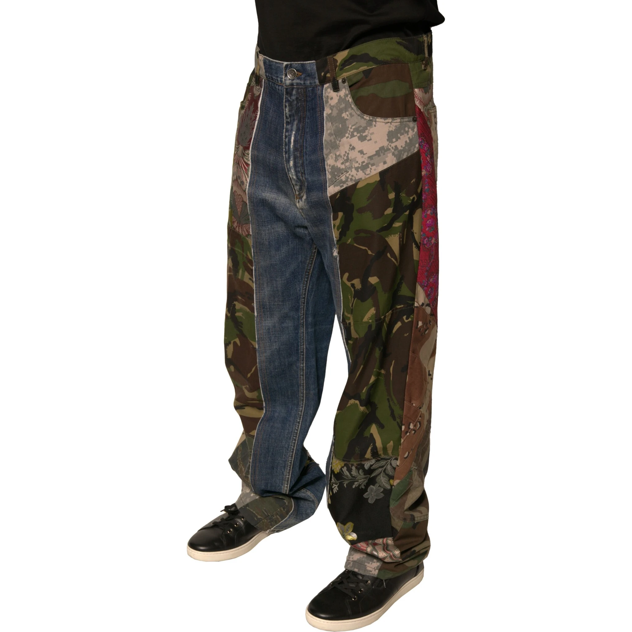 Blue Patchwork Cotton Straight Denim Jeans
