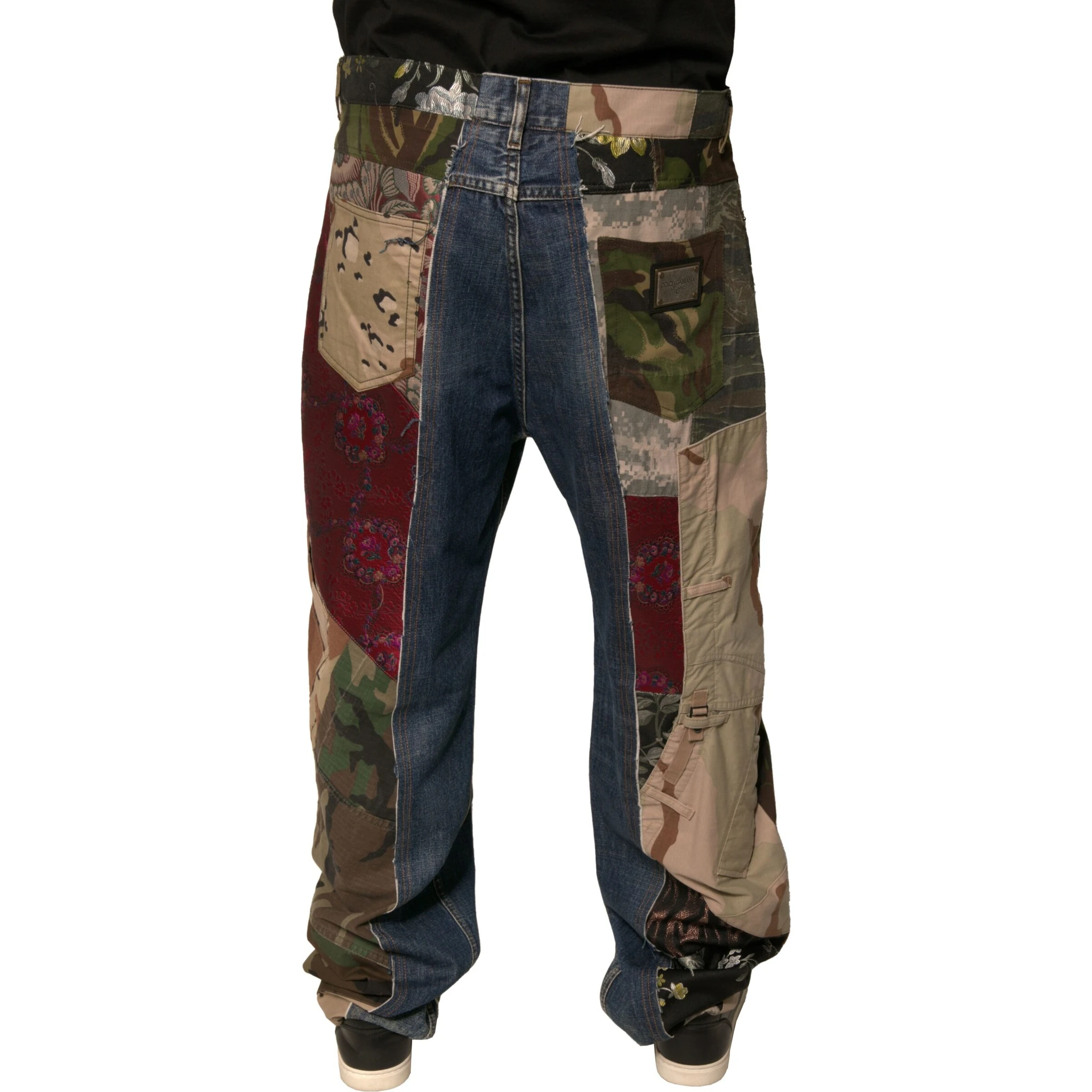 Blue Patchwork Cotton Straight Denim Jeans