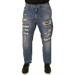Blue Tattered Straight Cropped Denim Jeans