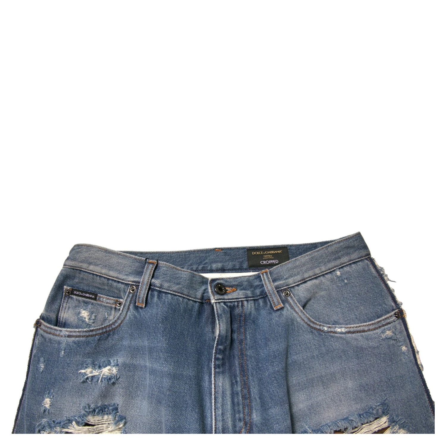 Blue Tattered Straight Cropped Denim Jeans