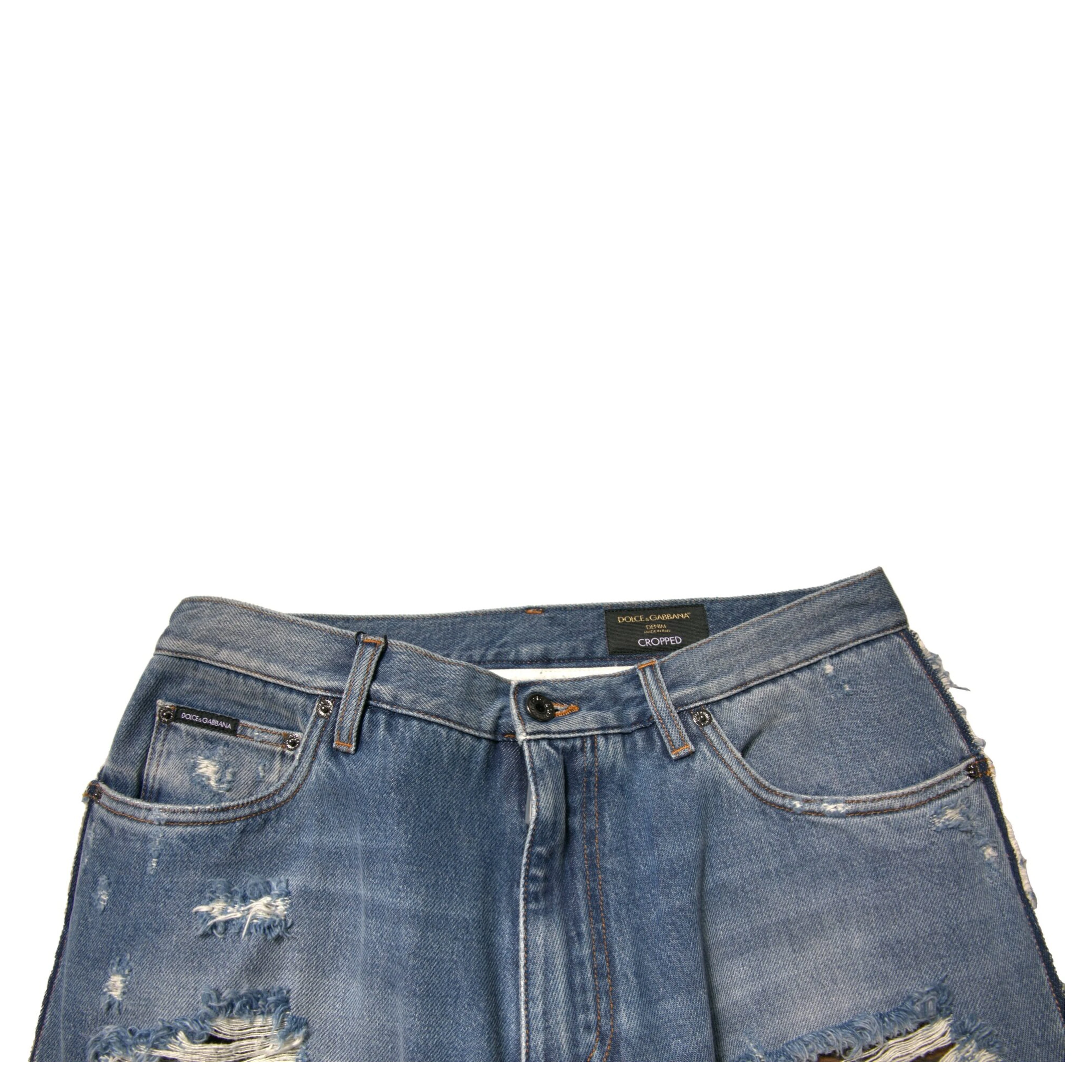 Blue Tattered Straight Cropped Denim Jeans