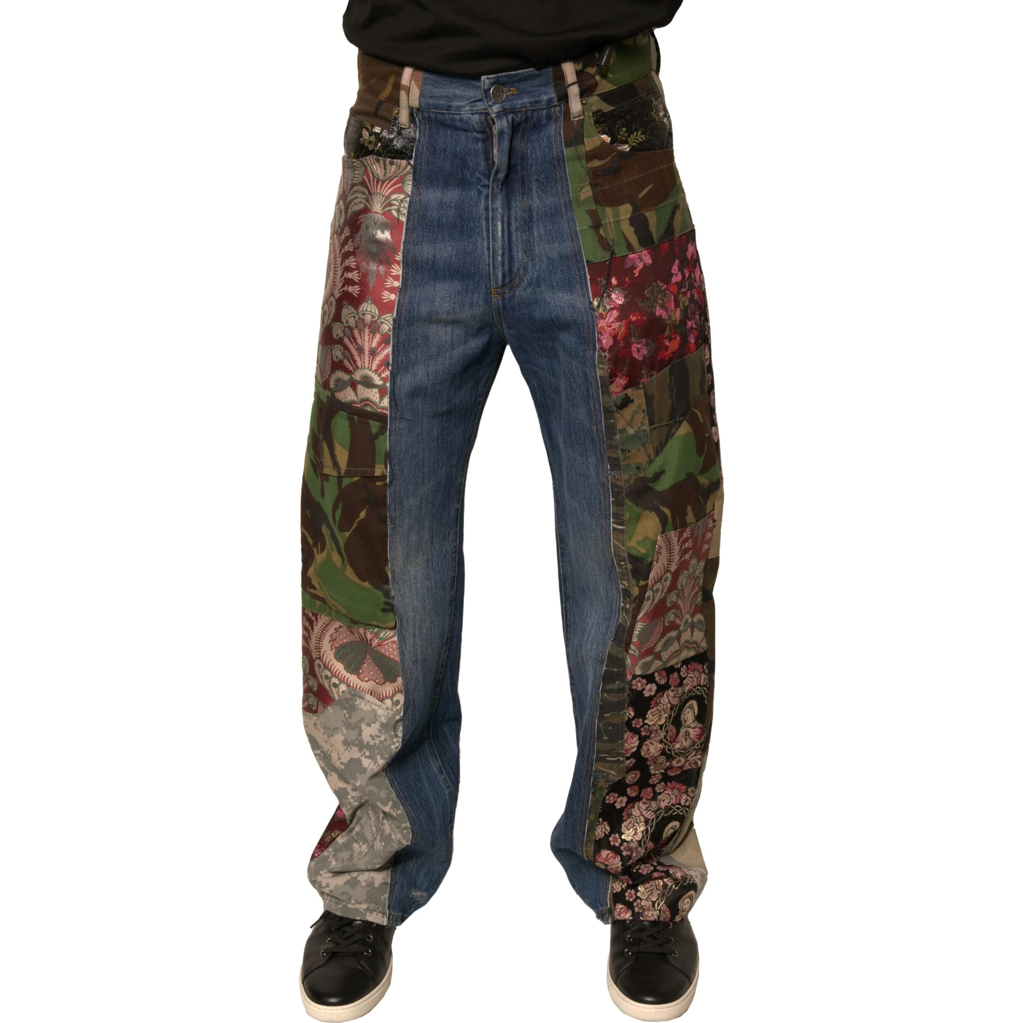 Blue Patchwork Cotton Straight Denim Jeans