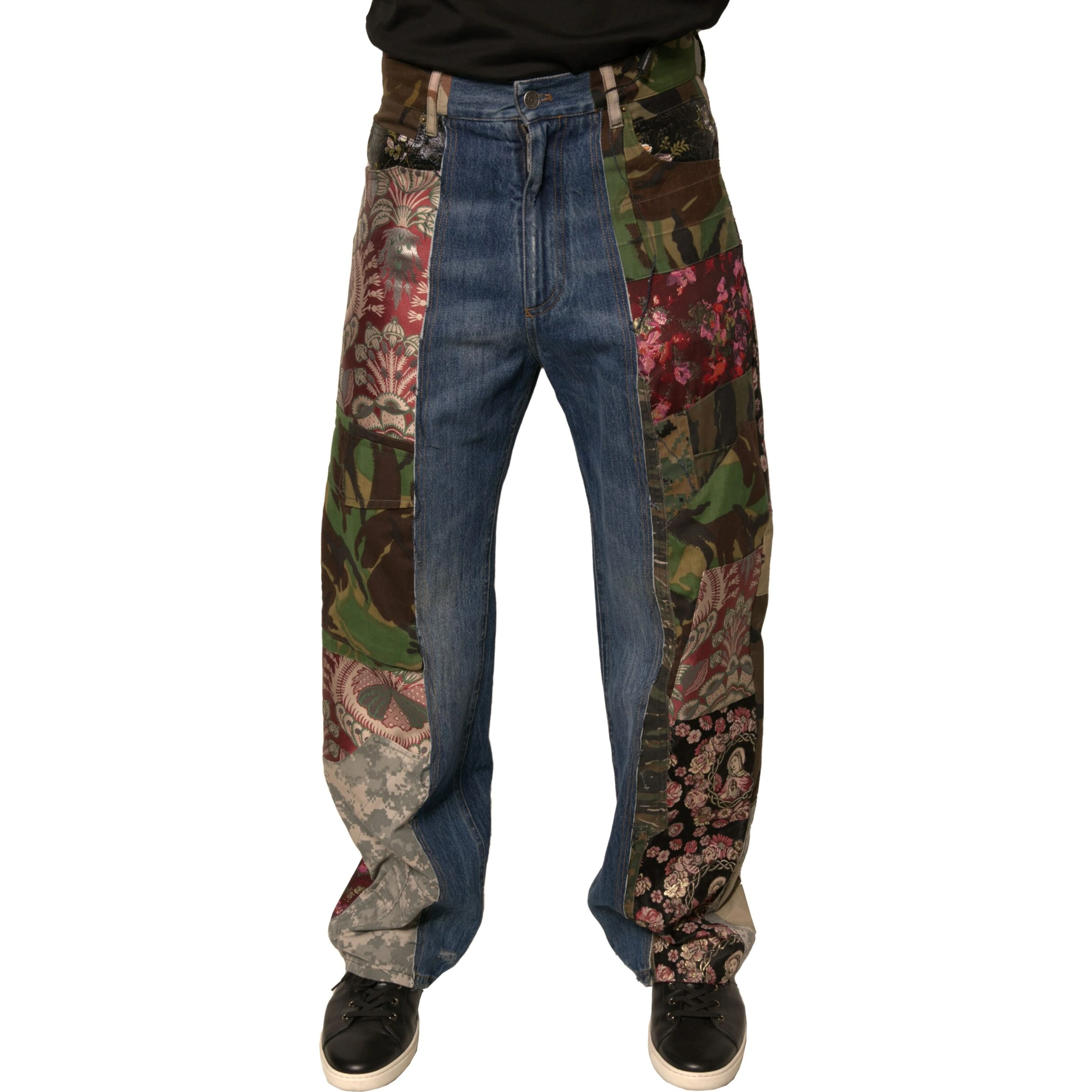 Blue Patchwork Cotton Straight Denim Jeans