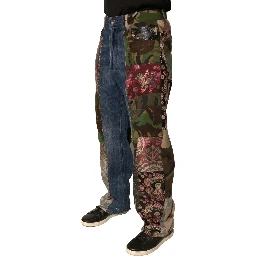 Blue Patchwork Cotton Straight Denim Jeans