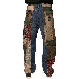 Blue Patchwork Cotton Straight Denim Jeans