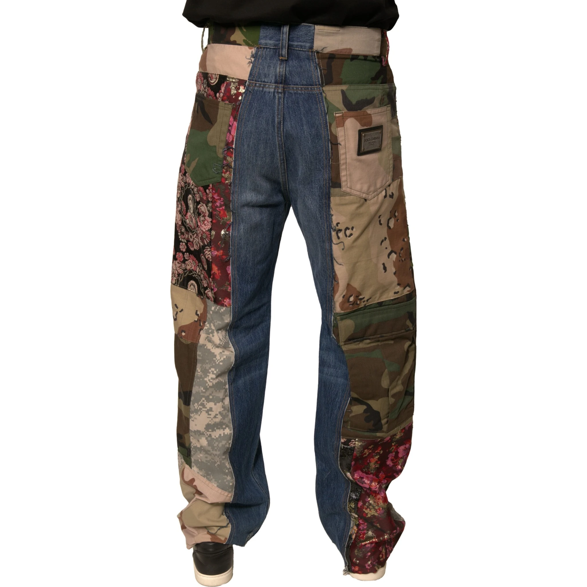 Blue Patchwork Cotton Straight Denim Jeans