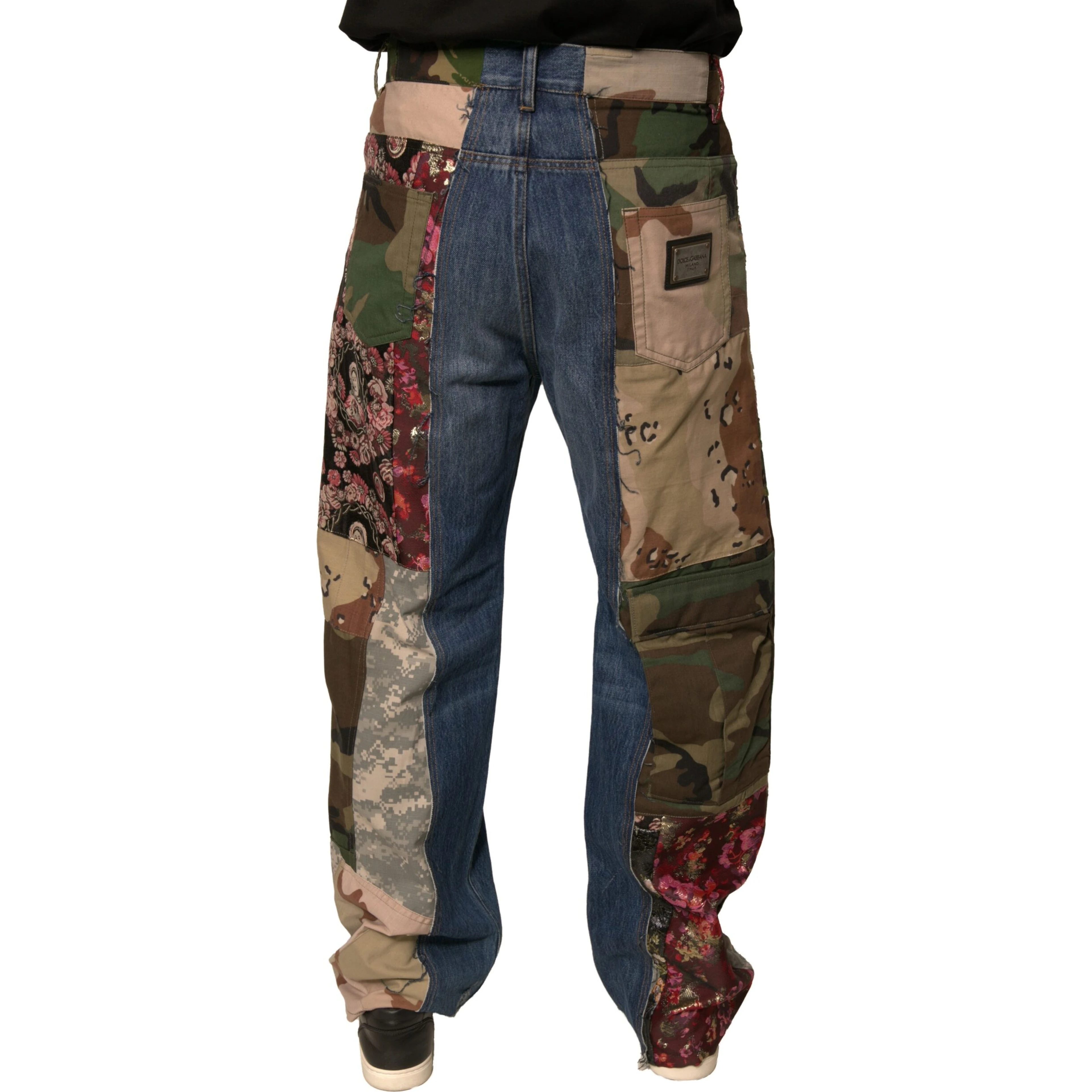 Blue Patchwork Cotton Straight Denim Jeans