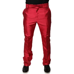 Red Silk Slim Fit Mid Waist Dress Formal Pants