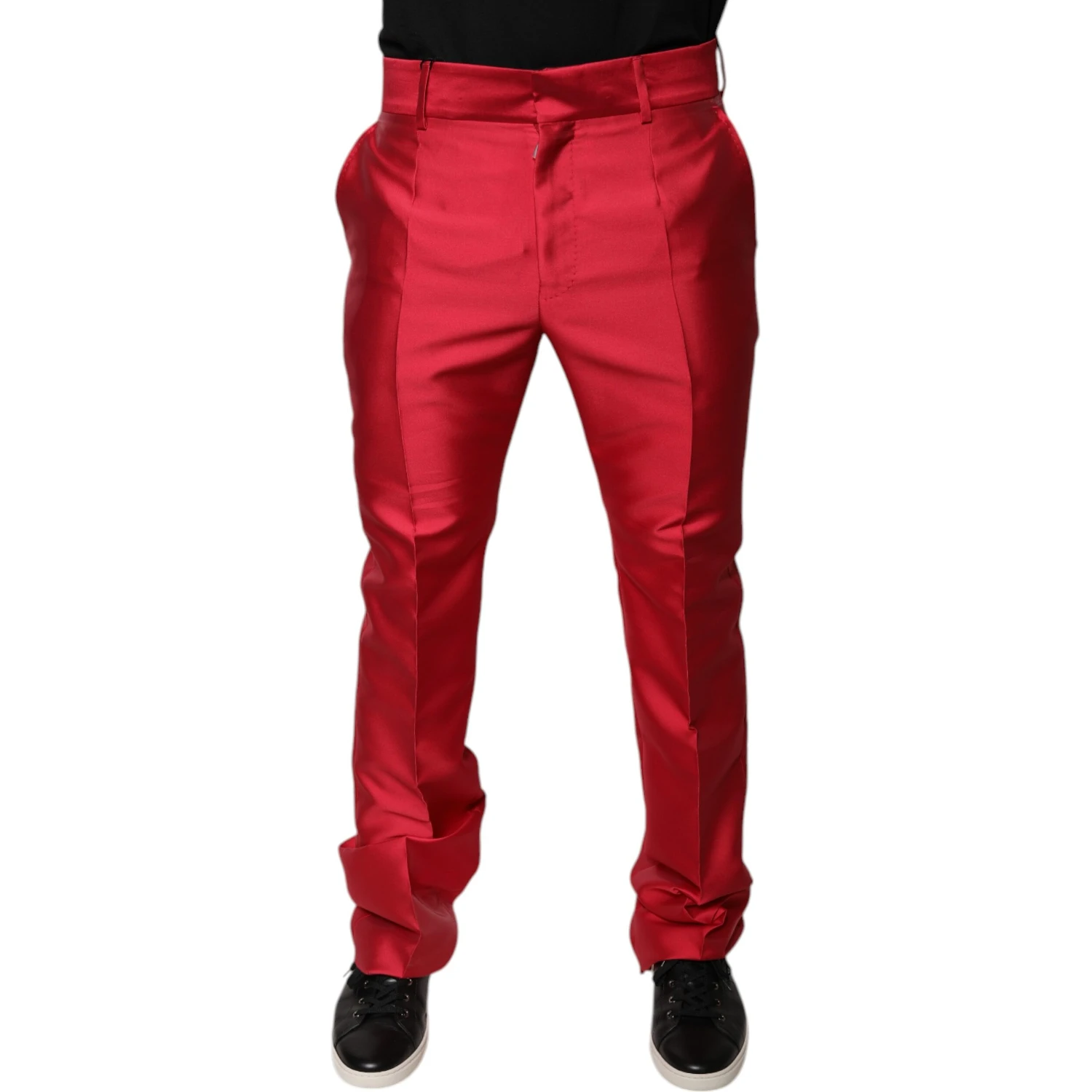 Red Silk Slim Fit Mid Waist Dress Formal Pants