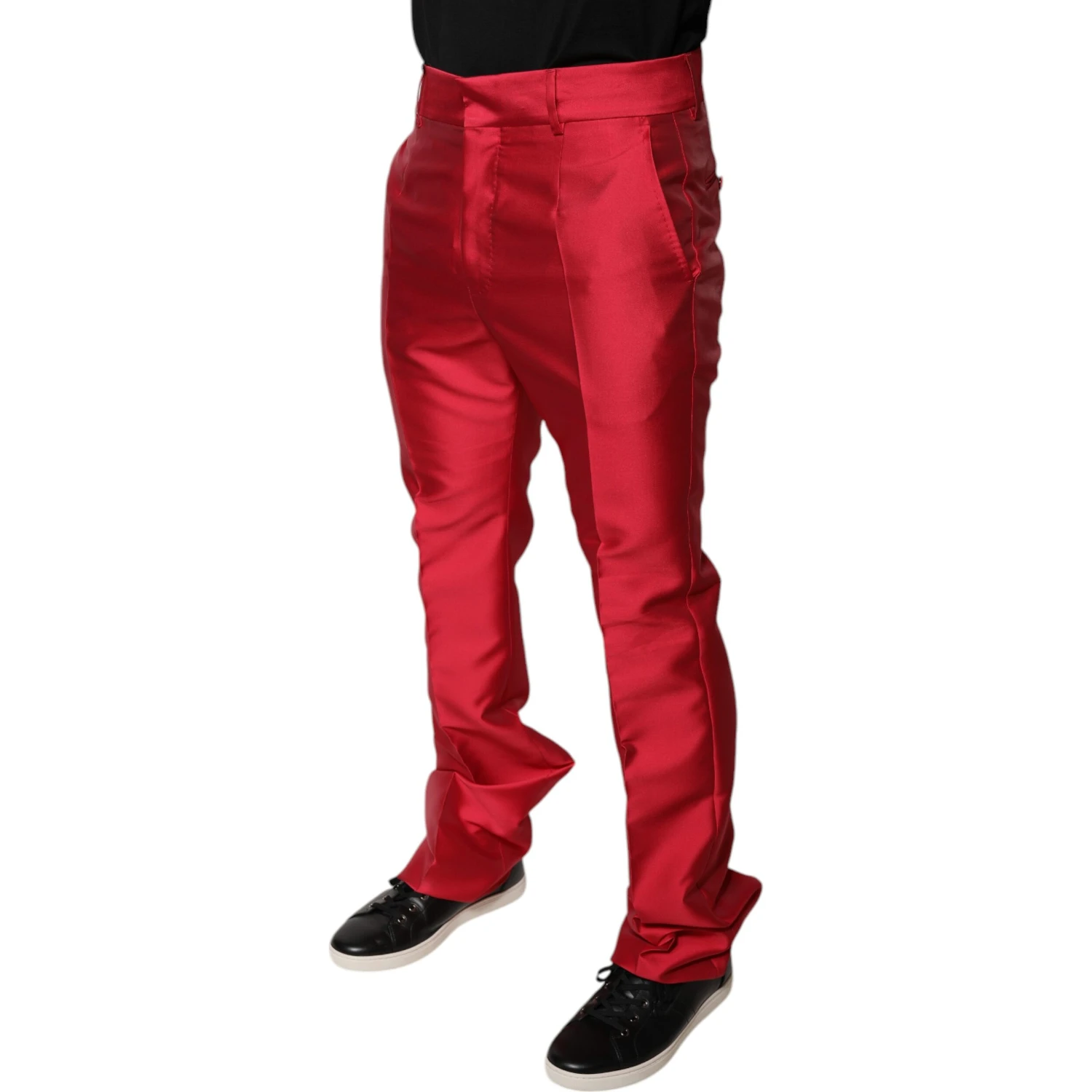 Red Silk Slim Fit Mid Waist Dress Formal Pants