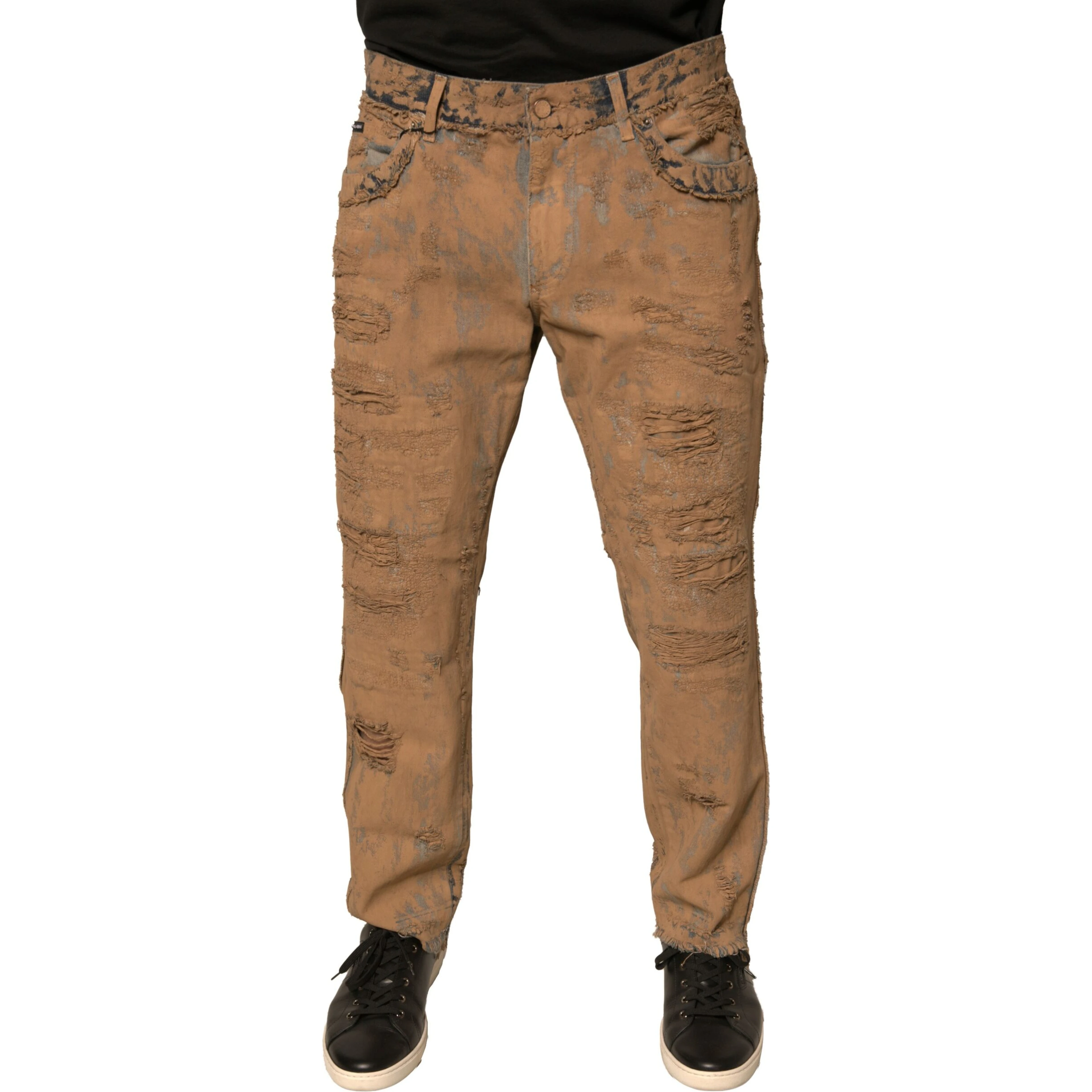 Brown Tattered Cotton Skinny Denim Jeans