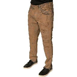 Brown Tattered Cotton Skinny Denim Jeans