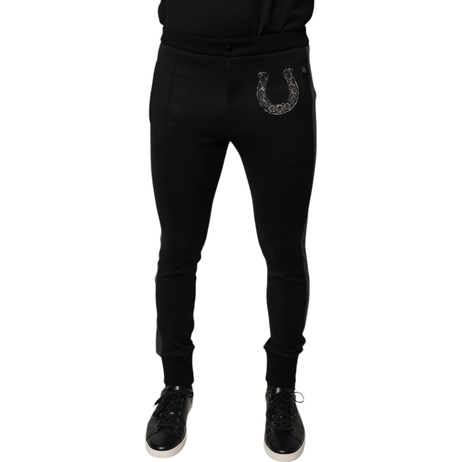 Black Horseshoe Embellished Wool Slim Fit Pants