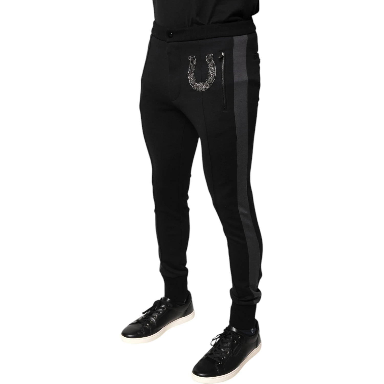 Black Horseshoe Embellished Wool Slim Fit Pants