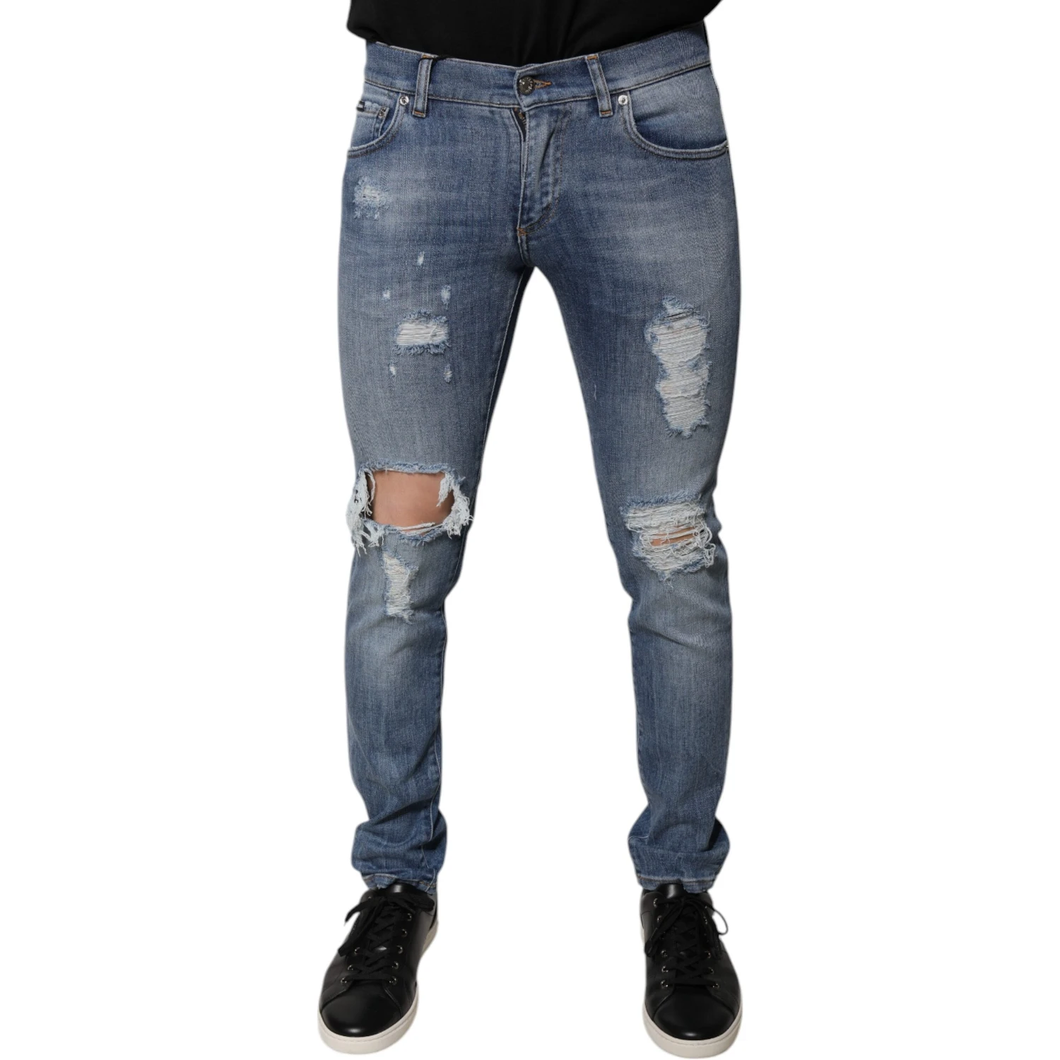 Blue Tattered Cotton Stretch Skinny Denim Jeans