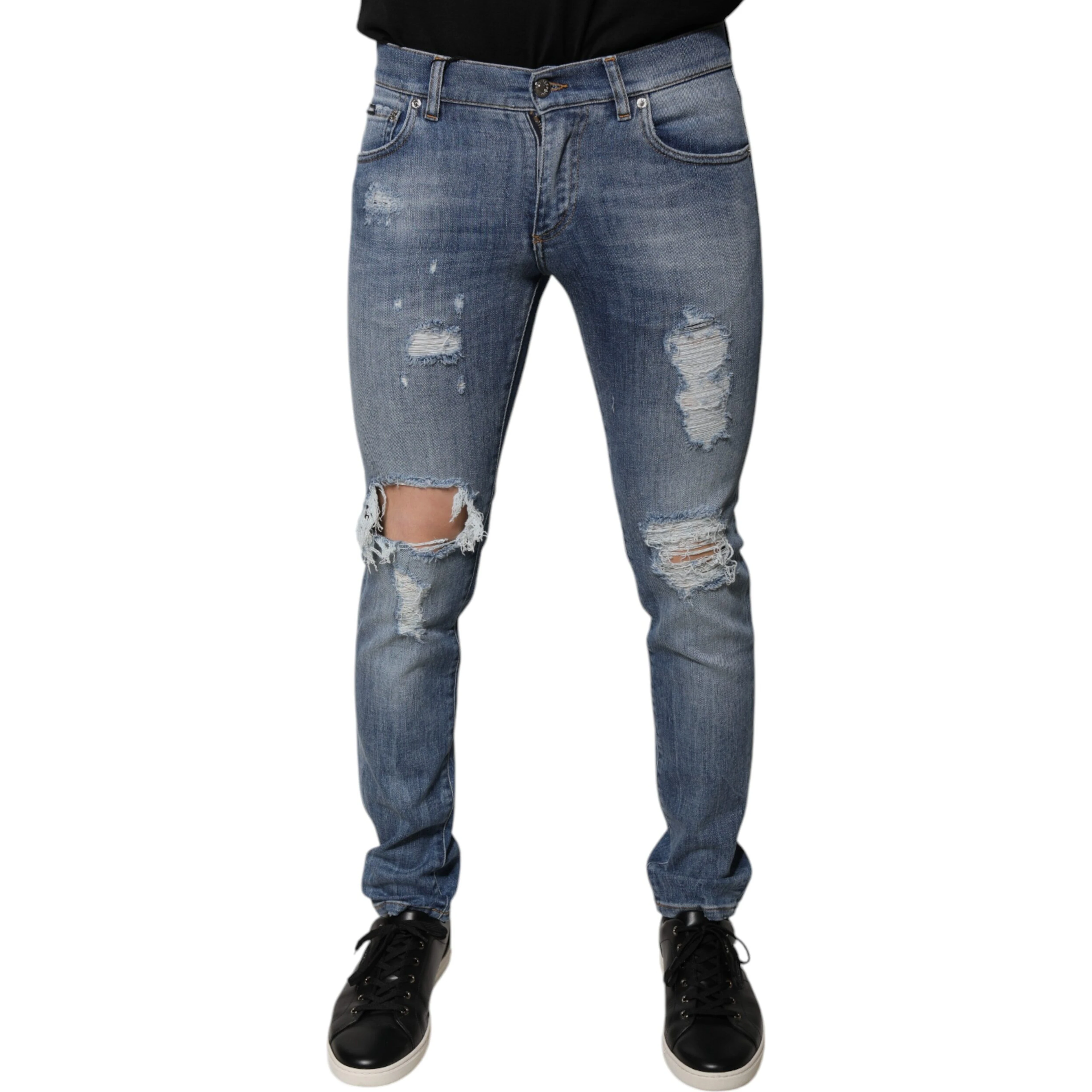 Blue Tattered Cotton Stretch Skinny Denim Jeans