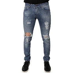 Blue Tattered Cotton Stretch Skinny Denim Jeans