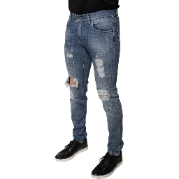 Blue Tattered Cotton Stretch Skinny Denim Jeans