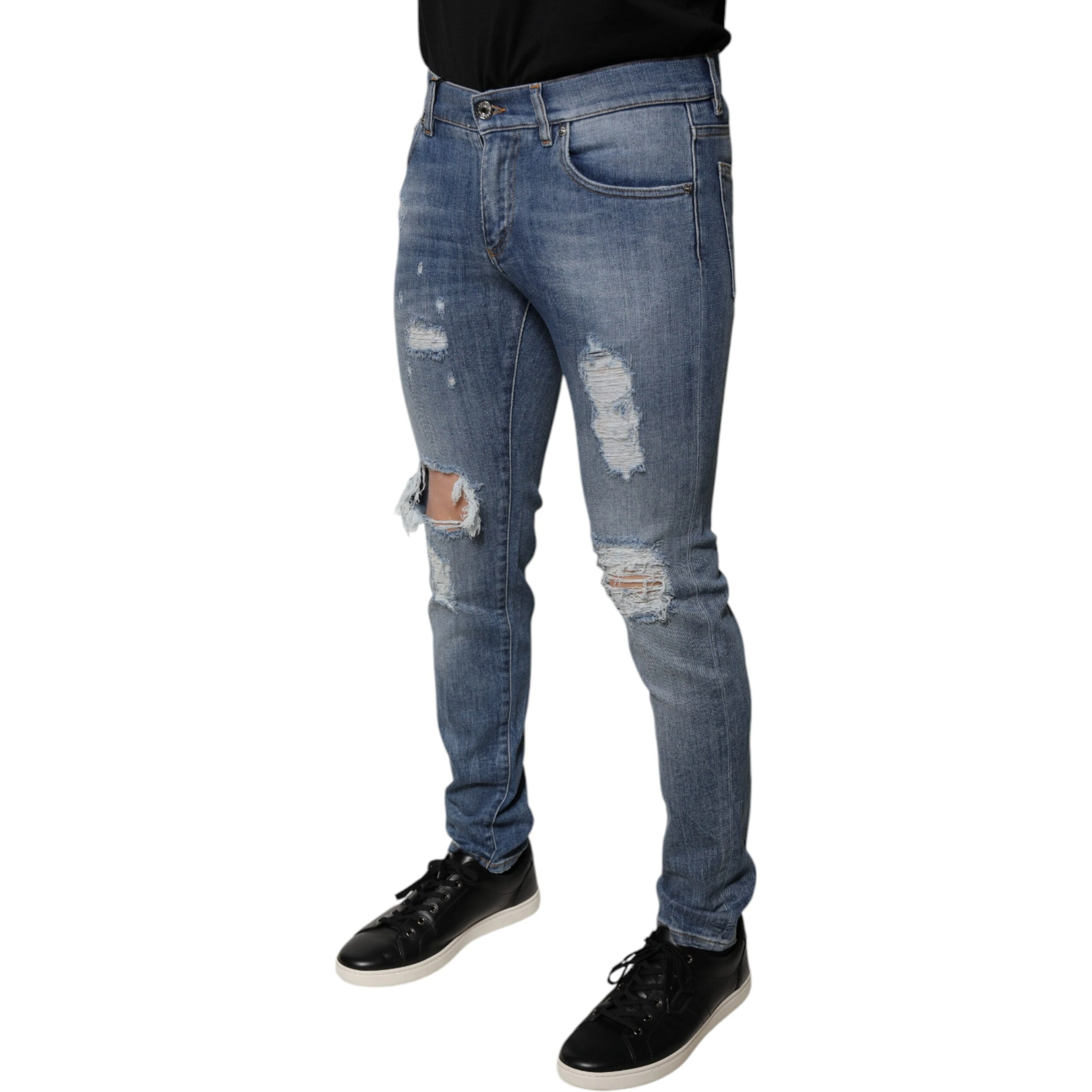 Blue Tattered Cotton Stretch Skinny Denim Jeans