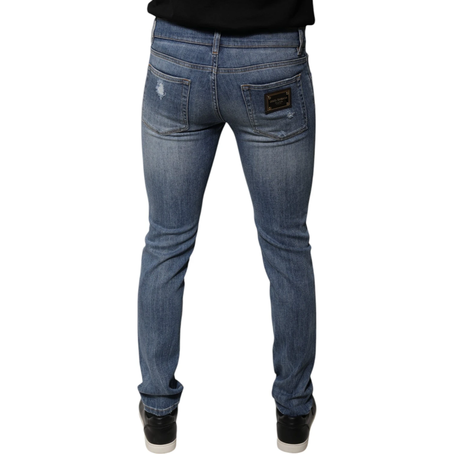 Blue Tattered Cotton Stretch Skinny Denim Jeans