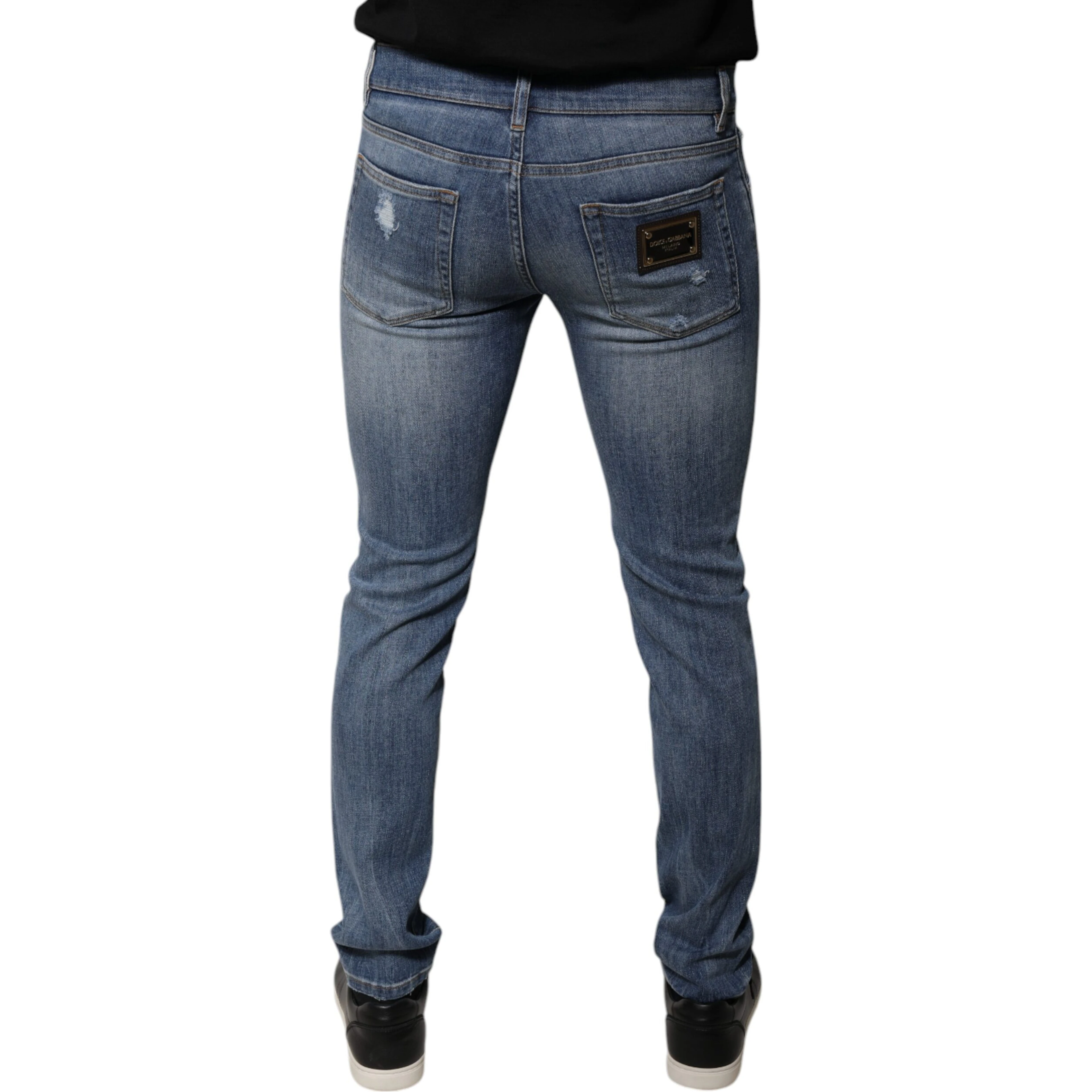 Blue Tattered Cotton Stretch Skinny Denim Jeans