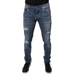 Blue Tattered Cotton Stretch Skinny Denim Jeans