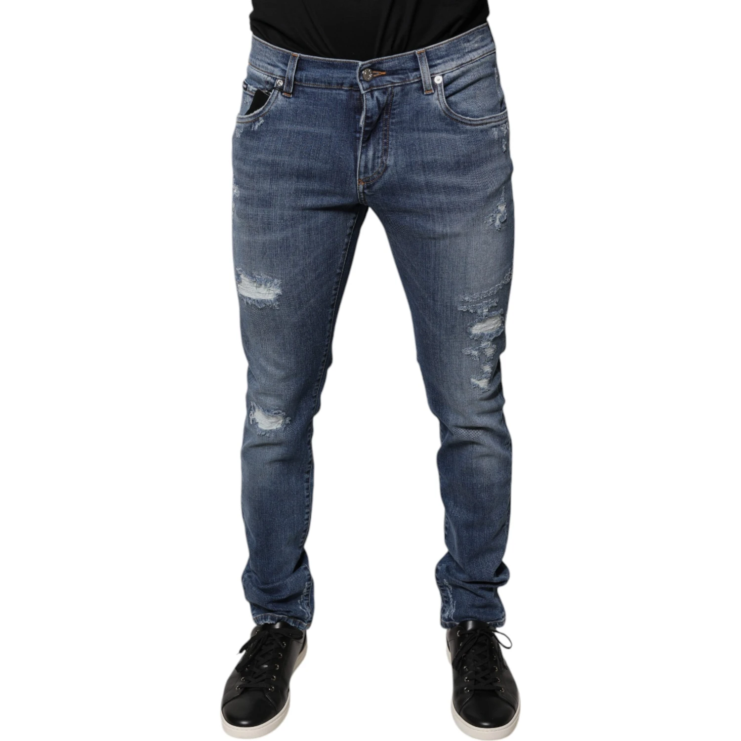 Blue Tattered Cotton Stretch Skinny Denim Jeans