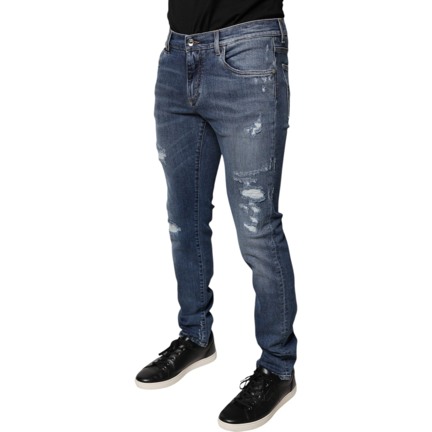 Blue Tattered Cotton Stretch Skinny Denim Jeans