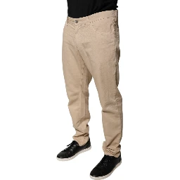 Beige Cotton Mid Waist Skinny Denim Jeans