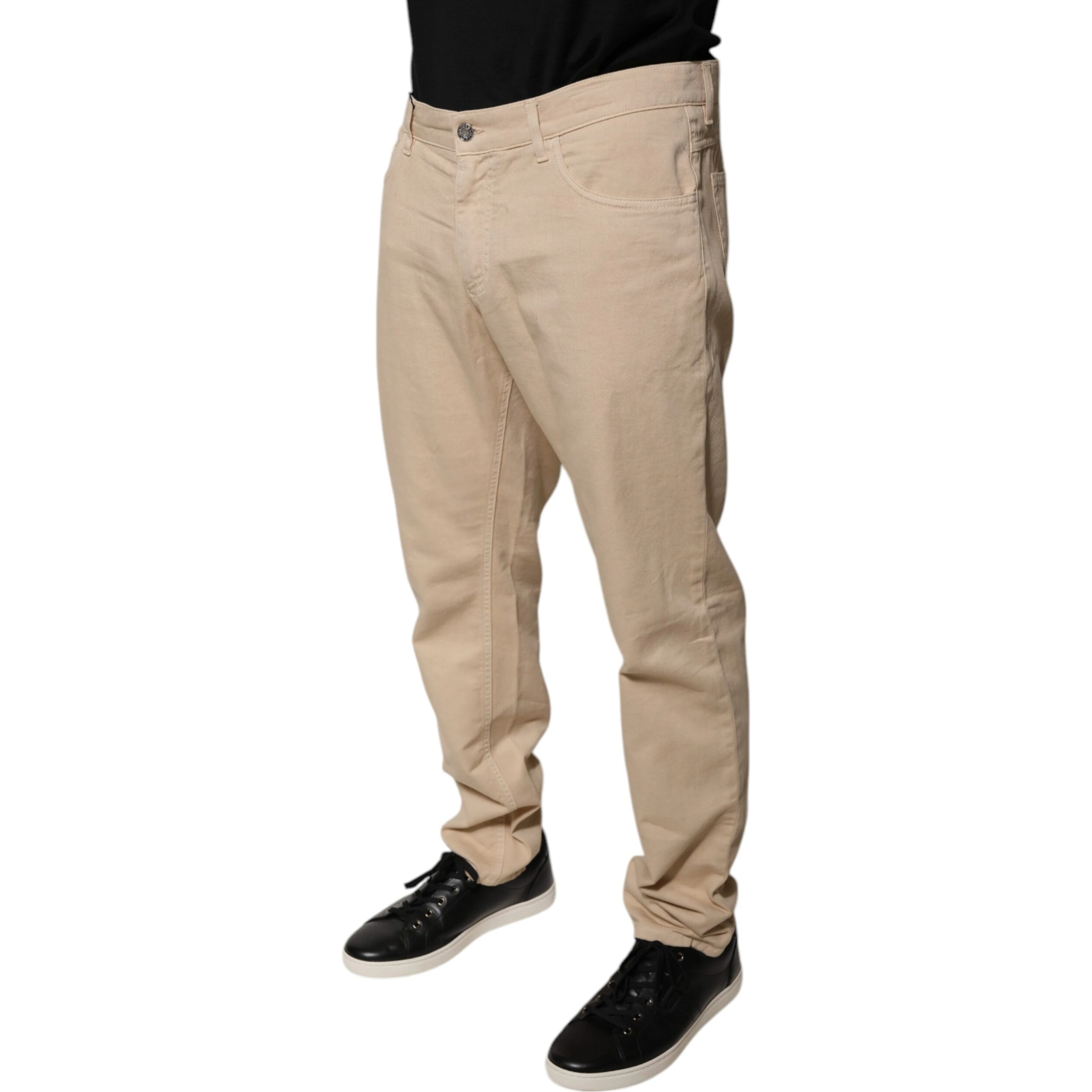 Beige Cotton Mid Waist Skinny Denim Jeans