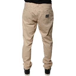 Beige Cotton Mid Waist Skinny Denim Jeans