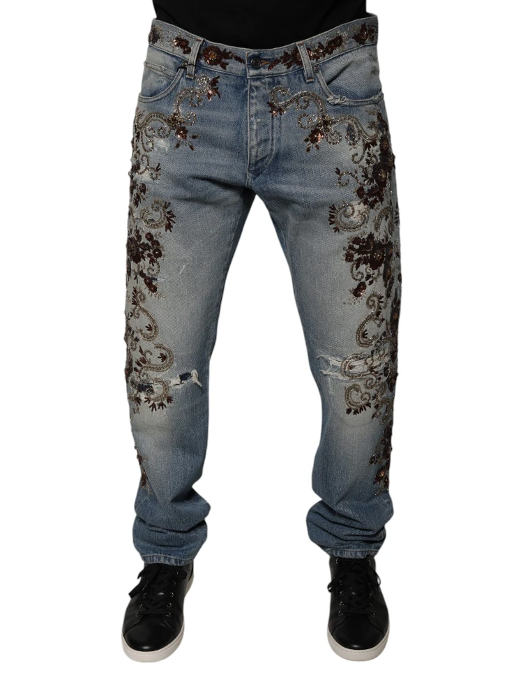 Light Blue Embroidered Skinny Denim Jeans