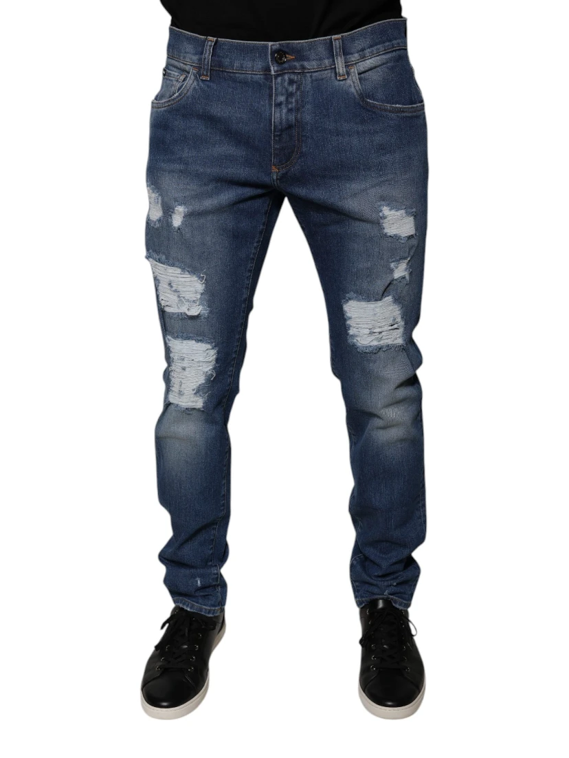 Blue Cotton Tattered Skinny Denim Jeans