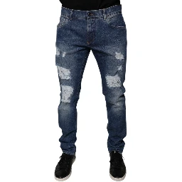 Blue Cotton Tattered Skinny Denim Jeans