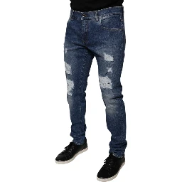 Blue Cotton Tattered Skinny Denim Jeans