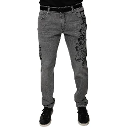 Gray Graphic Print Cotton Skinny Denim Jeans
